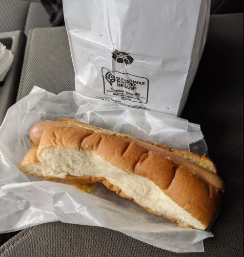 A hot dog in a bun with mustard, placed on a paper wrapper inside a car. A takeout bag is visible in the background.