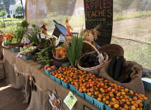 A farm stand displays fresh produce, including apples, peaches, squash, and various vegetables, under a shaded area.