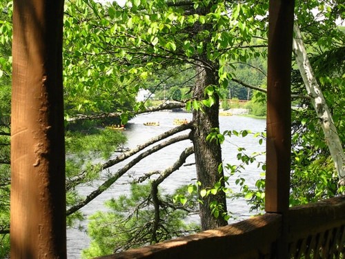 A view of a river framed by green leaves and trees, with people rafting in the distance.