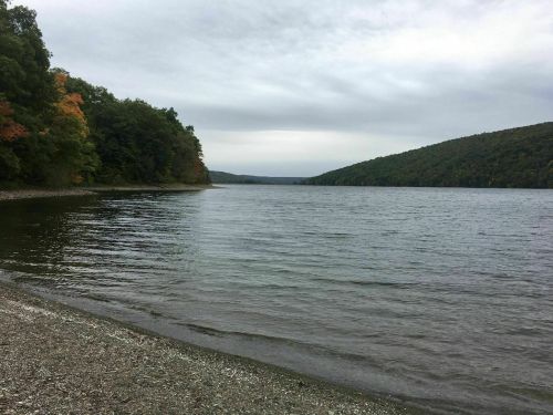 A tranquil lake surrounded by green hills and trees, under a cloudy sky. The shoreline is pebbly and serene.