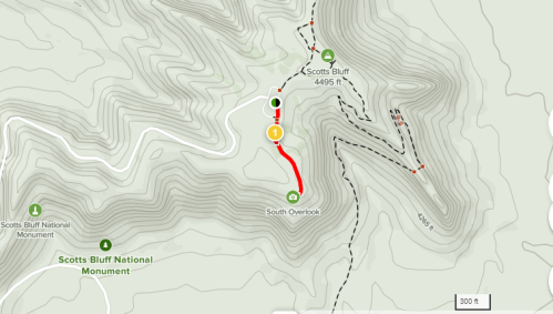 Map showing a trail to South Overlook at Scotts Bluff National Monument, with elevation and contour lines.