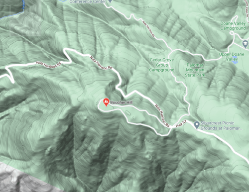 Topographic map highlighting Boucher Hill and nearby campgrounds in Palomar Mountain State Park.