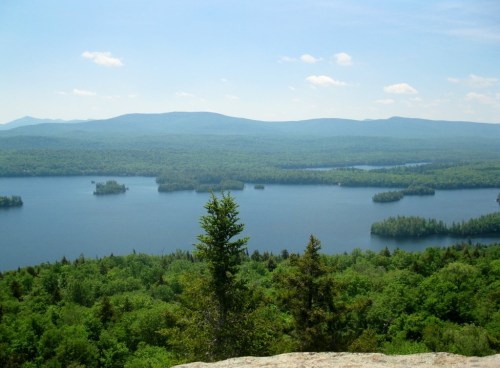 A scenic view of a tranquil lake surrounded by lush green forests and distant mountains under a clear blue sky.