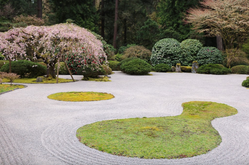 A serene Japanese garden featuring a cherry blossom tree, manicured shrubs, and raked gravel patterns.