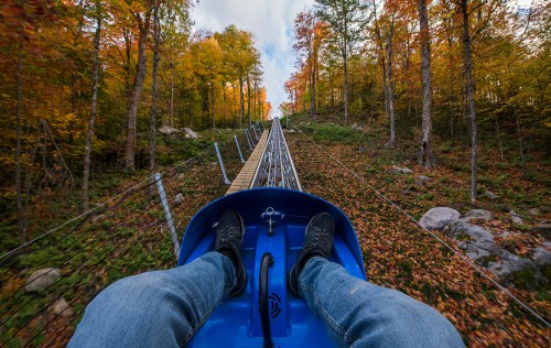 View from a blue sled on a mountain coaster, surrounded by colorful autumn trees and a winding track ahead.