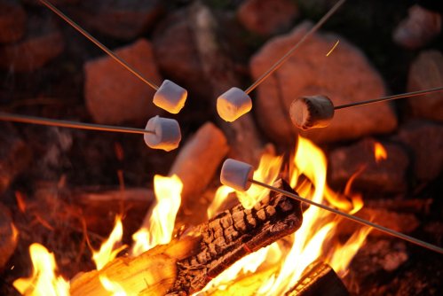 Marshmallows roasting over a campfire, with glowing flames and rocks in the background.