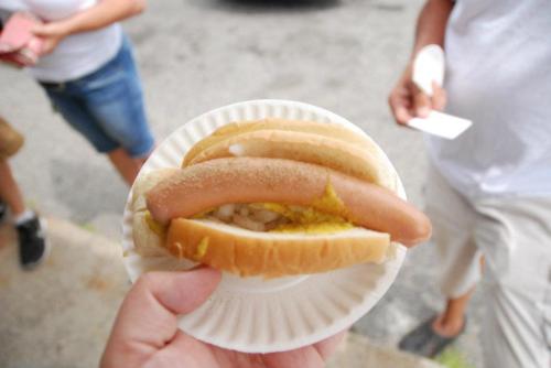 A hand holding a hot dog on a paper plate, topped with mustard and onions, with people in the background.