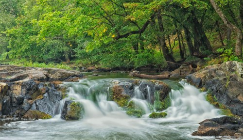 A serene waterfall cascades over rocks, surrounded by lush green trees and a tranquil river.