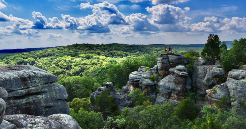 A scenic view of rocky formations overlooking a lush green forest under a blue sky with fluffy clouds.