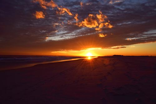 A stunning sunset over a beach, with vibrant orange and yellow hues illuminating the sky and reflecting on the water.