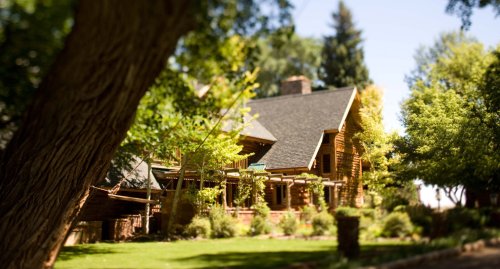 A charming log cabin surrounded by lush greenery and trees on a sunny day.