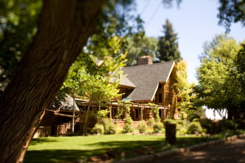 A charming log cabin surrounded by lush greenery and trees on a sunny day.