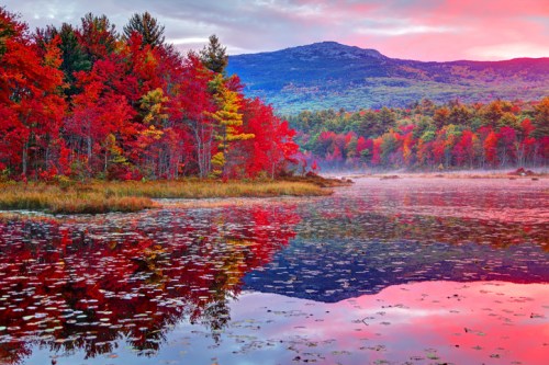 A serene lake reflects vibrant autumn foliage and a misty mountain under a colorful sky at dawn.