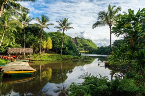 Lush tropical landscape with palm trees, a calm river, and a colorful boat near a thatched hut.