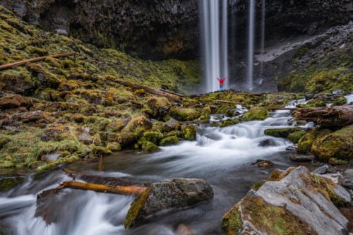 A person in a red jacket stands in front of a waterfall, surrounded by lush greenery and flowing water.