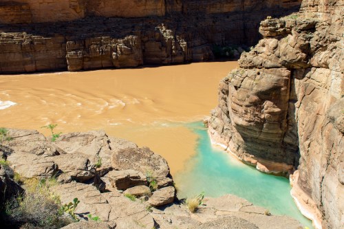 A river with contrasting brown and turquoise waters flows between rocky cliffs in a canyon landscape.