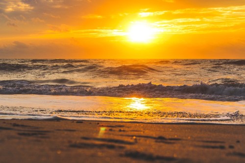 A vibrant sunset over the ocean, with golden hues reflecting on the water and gentle waves lapping at the shore.