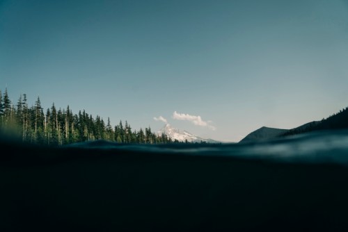 A serene view of a mountain in the distance, framed by trees, with a calm water surface in the foreground.