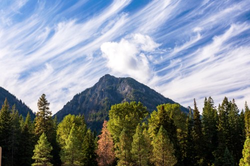 A majestic mountain rises above a forest, with wispy clouds and a blue sky in the background.