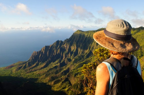 A person in a hat gazes at a lush mountain landscape overlooking the ocean under a clear blue sky.