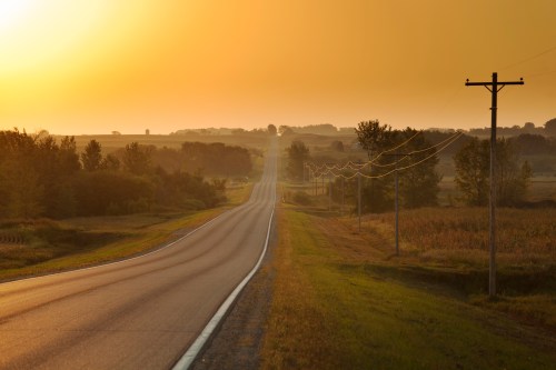 A winding road stretches into the distance under a golden sunset, flanked by trees and power lines.