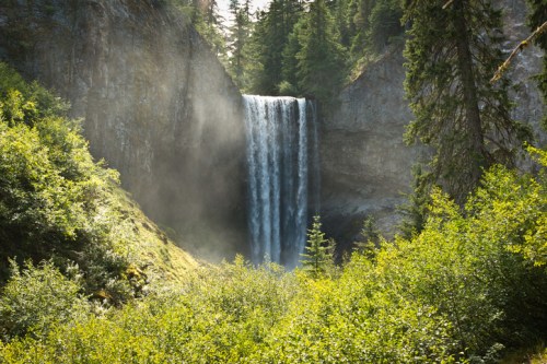 A majestic waterfall cascades down rocky cliffs, surrounded by lush green trees and mist in a serene natural setting.