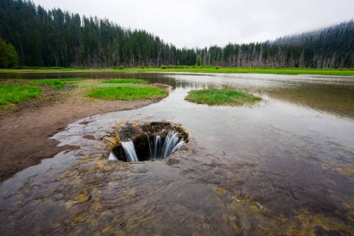 A small waterfall flows into a circular hole in a serene lake surrounded by lush green grass and trees.
