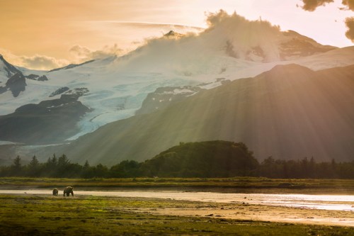 Two bears wander along a riverbank with mountains and sunlight streaming through clouds in the background.