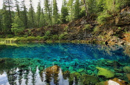 A serene blue lake surrounded by lush green trees and rocky terrain, reflecting the vibrant colors of nature.
