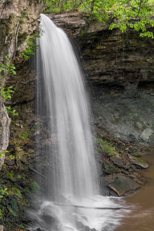 A serene waterfall cascades over rocky cliffs, surrounded by lush green foliage and a tranquil pool below.