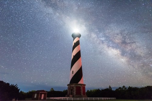 A striped lighthouse shines brightly under a starry sky, with the Milky Way visible in the background.