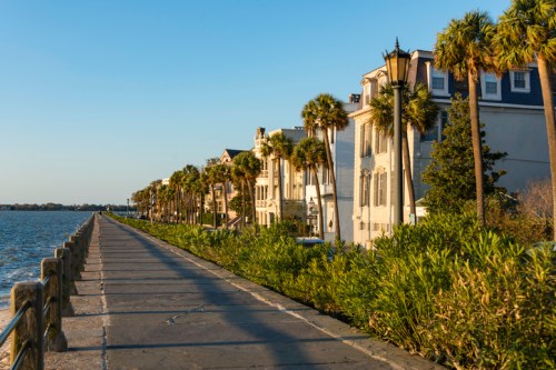 A scenic waterfront walkway lined with palm trees and historic buildings under a clear blue sky.