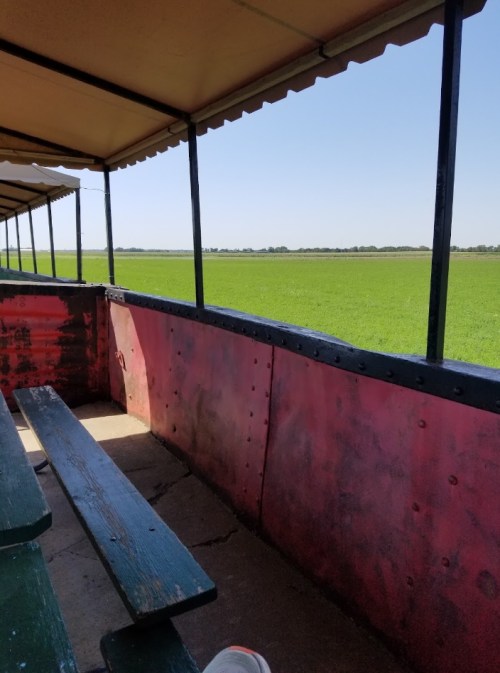View from inside a train car, showing green fields and a clear blue sky.