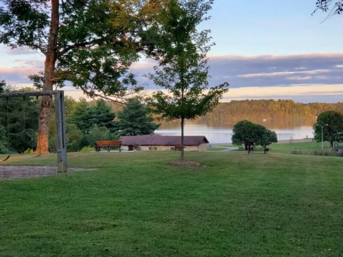 A serene lakeside view with green grass, trees, and a picnic area under a clear sky.