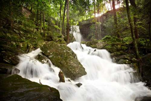A serene waterfall cascades over rocks, surrounded by lush green trees in a tranquil forest setting.
