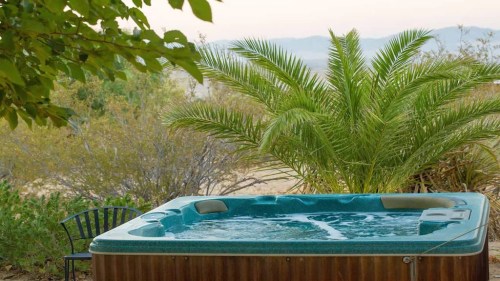 A hot tub surrounded by greenery and a palm tree, with a chair nearby and mountains in the background.