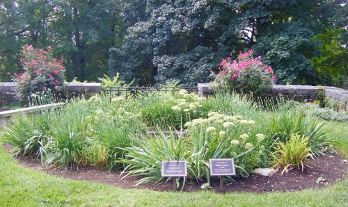 A circular garden with various plants and flowers, surrounded by greenery and marked by two informational plaques.