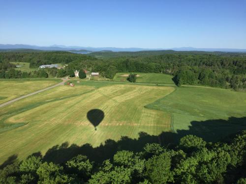 Aerial view of a green landscape with a hot air balloon's shadow on the ground, surrounded by trees and fields.