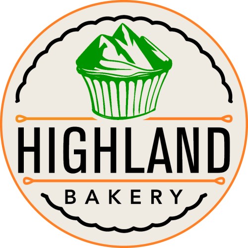 Logo of Highland Bakery featuring a green cupcake with mountain peaks on top, surrounded by a circular border.