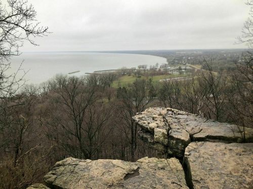 A rocky cliff overlooks a gray lake and a distant shoreline, surrounded by bare trees under a cloudy sky.