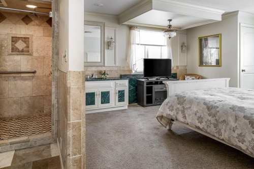 A spacious hotel room featuring a bed, TV, and a bathroom with a tiled shower and elegant decor.