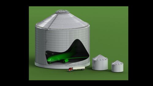 A large grain silo with a green airplane inside, accompanied by two smaller silos and a truck on a green background.