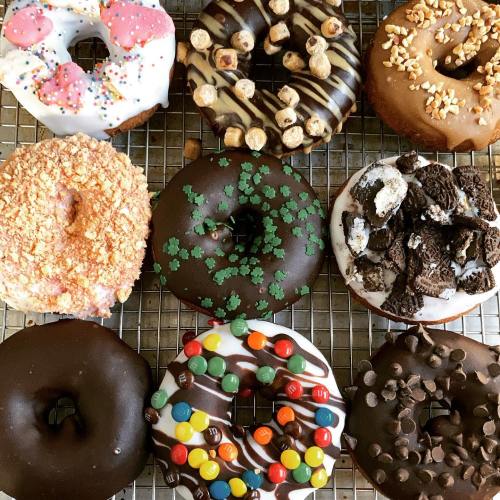 A variety of colorful donuts with toppings, arranged in a grid on a cooling rack.