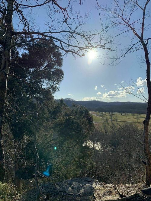 A scenic view of a landscape with trees, a river, and mountains under a bright sun and blue sky.