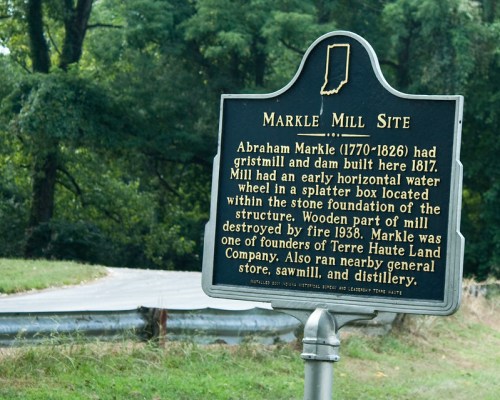 Historical marker for Markle Mill Site, detailing its founding by Abraham Markle and its significance in the 1800s.