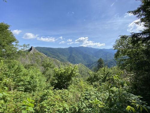 A scenic view of lush green mountains under a blue sky with scattered clouds.