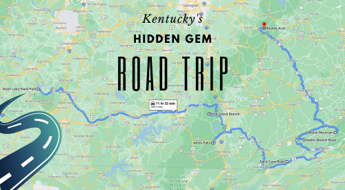 Map highlighting a road trip route through Kentucky, labeled "Kentucky's Hidden Gem Road Trip."
