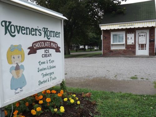 Sign for "Kovener's Korner" ice cream shop with a cute girl holding a cone, surrounded by flowers and a brick building.