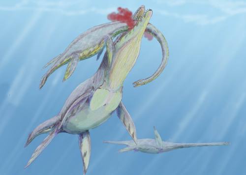 A prehistoric marine scene featuring a large marine reptile with a long neck and smaller companions swimming underwater.
