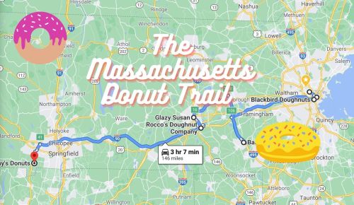 Map of the Massachusetts Donut Trail, highlighting a route with donut icons and travel time of 3 hours, 7 minutes.